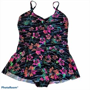 Floral Ruched Peplum One-Piece Swimsuit - Black Pink